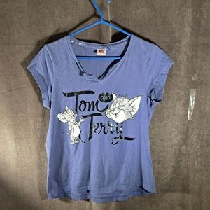 Expose Tom and Jerry Blue V-Neck Graphic Tee Capped Sleeve VG M